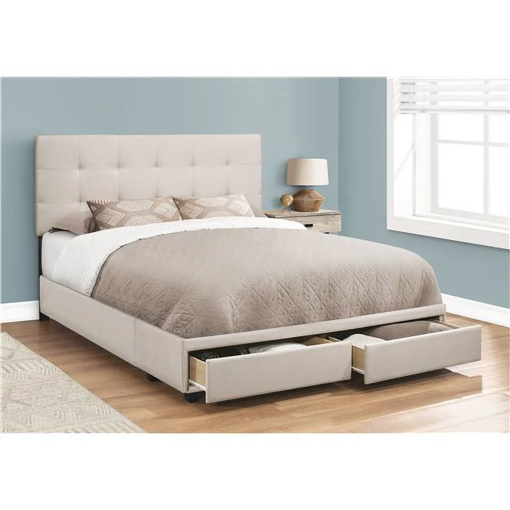 Monarch Specialties Beige Linen Bed With 2 Storage Drawers - Queen Size Beige Linen Bed With 2 Storage Drawers - Queen Size