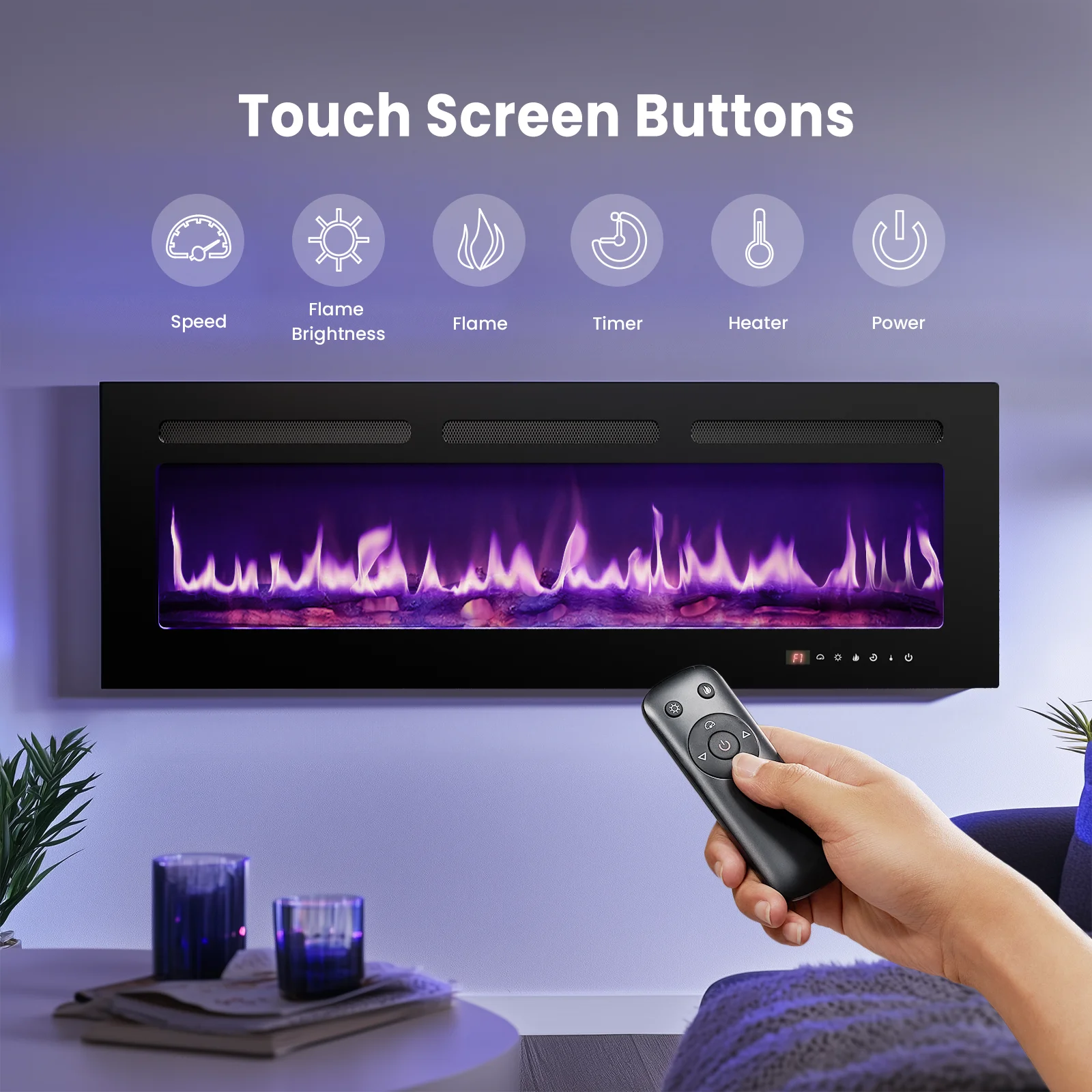 50 inch Wall Mounted Electric Fireplace Indoor Recessed Fireplace Heater with Touch Screen, Timer, Adjustable Flame Color and Speed