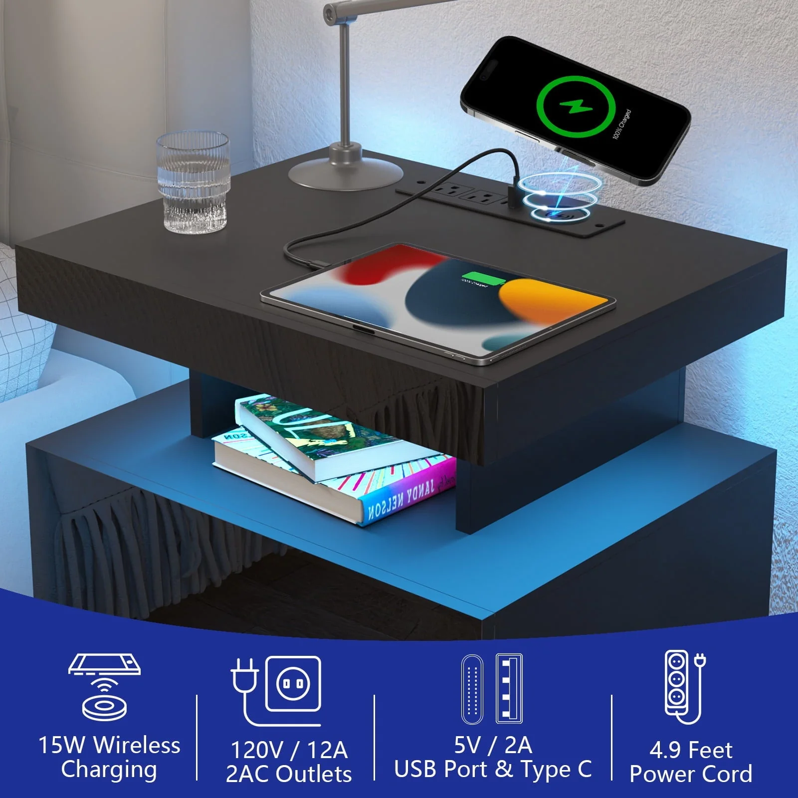 Hommpa LED Nightstand with Wireless Charging Station Modern Nightstand Type C USB Port 2 Drawers Bedside Table Black Smart Night Table High Gloss End Side Table for Bedroom Furniture 22.3