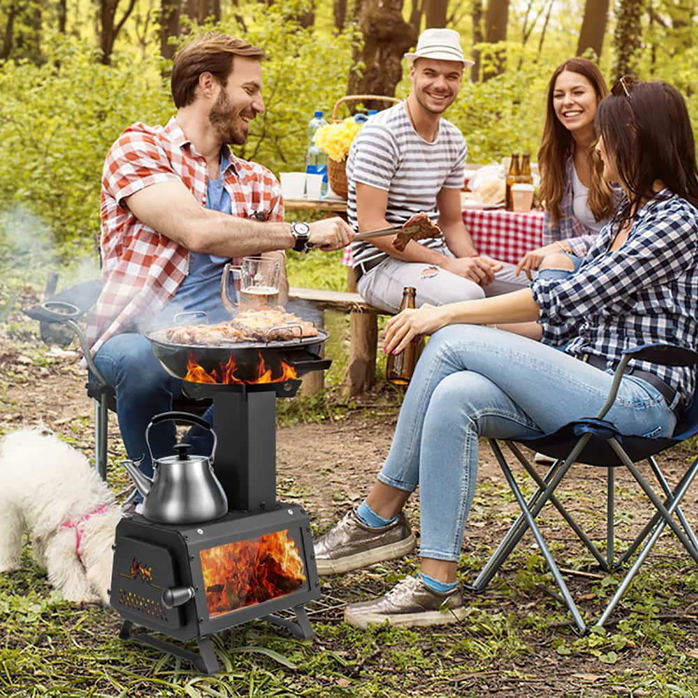 Spaco Portable Wood Camping Burning Stove Heater with 2 Cooking Positions, Portable Wood Burning Stove, Black