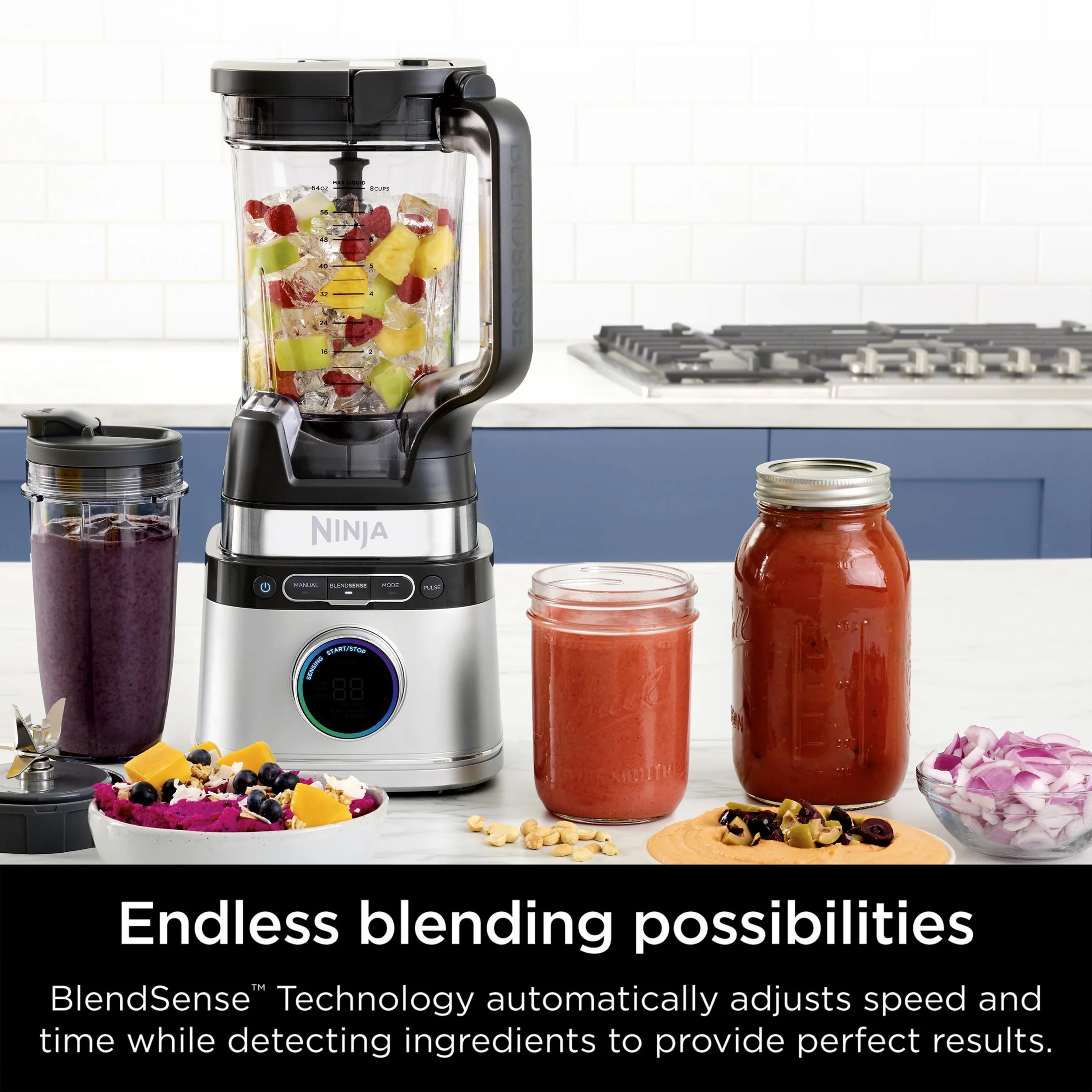 Ninja Detect Duo Power Blender + Personal Single-Serve, BlendSense Technology, Kitchen Countertop, 1700 Watts, 72 oz Pitcher, 24 oz Cup, TB300 Silver