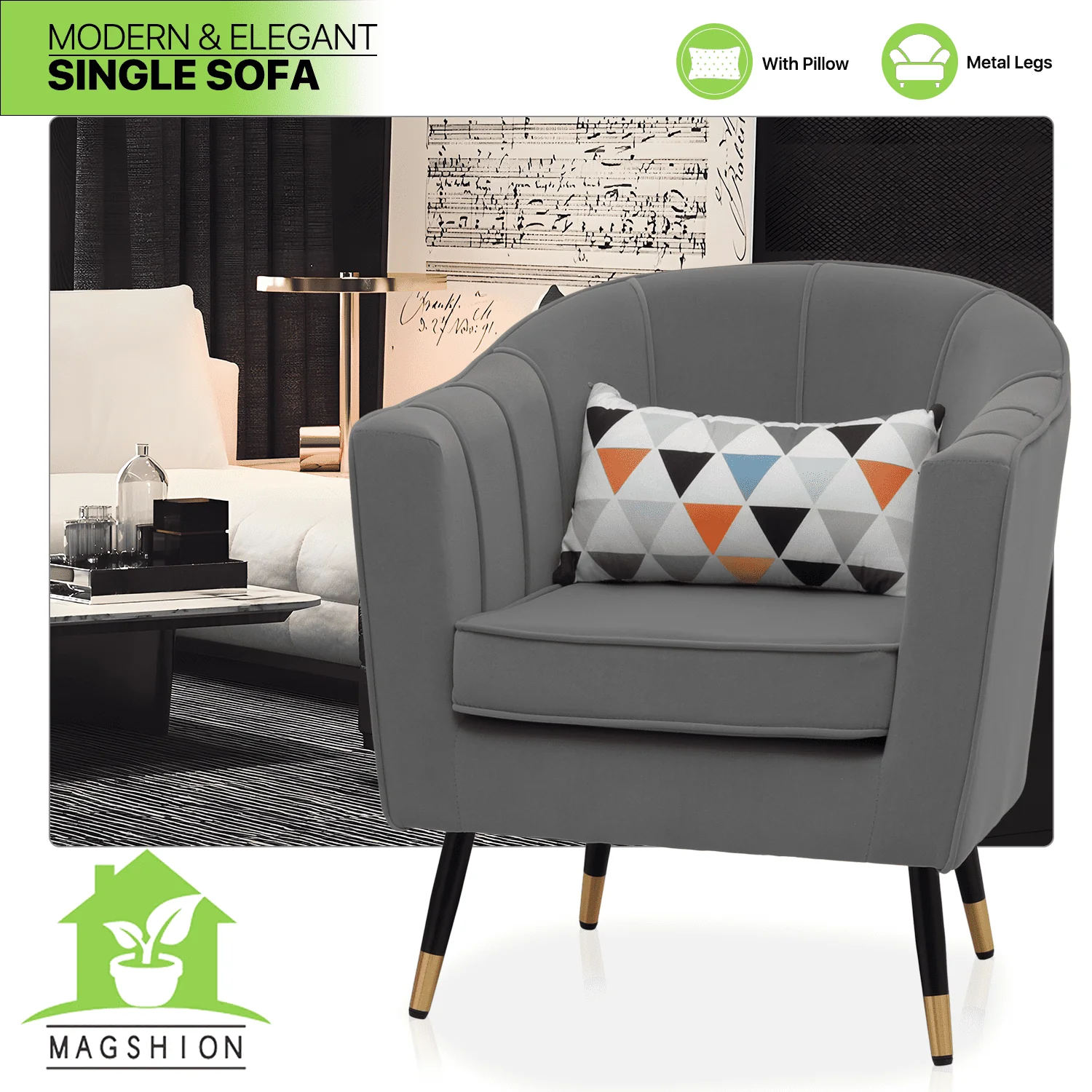 Magshion Modern Armchair Chair Reading Chair Barrel Arm Chair with Cushion and Upholstered Seat Comfy Single Sofa Accent Chair for Living Room Bedroom, Grey