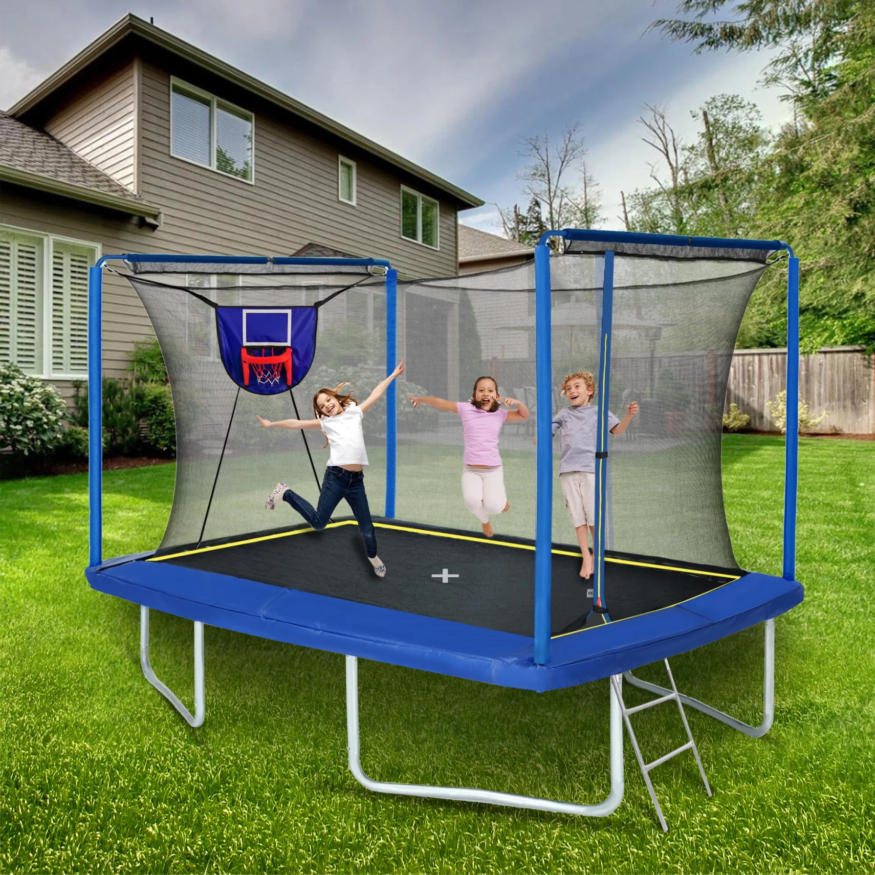 8ft��12ft Rectangular Trampoline with Adjustable Height  Basketball Board,Ball Inflater and Ladder-Blue,ASTM Standard Tested and CPC Certified