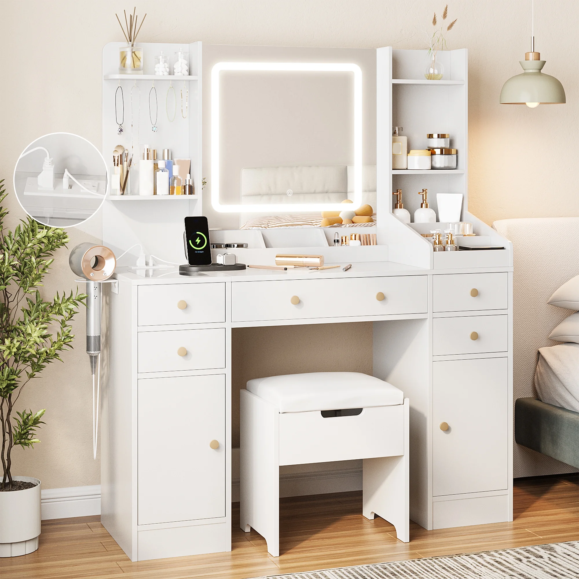 Vanity Set with Mirror and Lights, Makeup Table with Charging Station,5 Drawers & Storage Shelves, White
