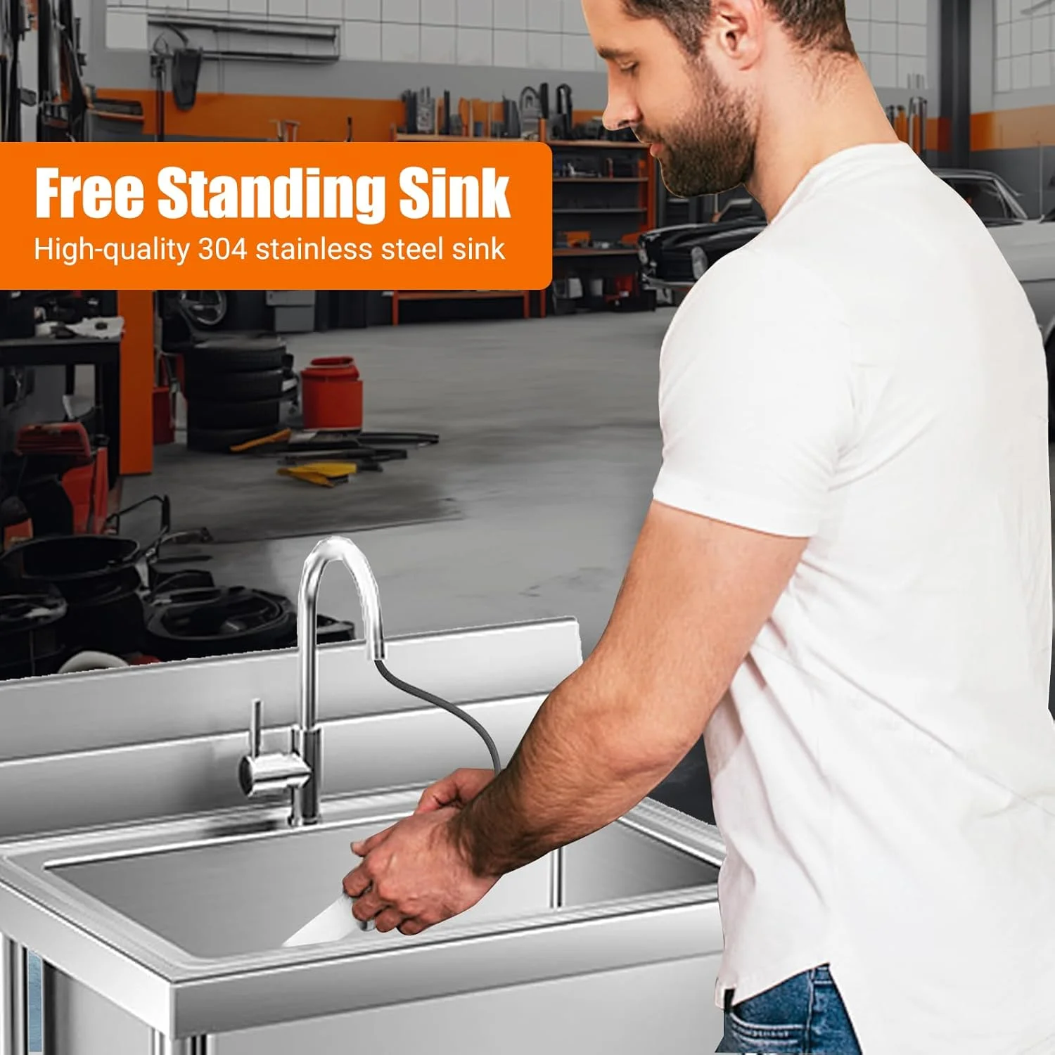 Free Standing Stainless-Steel Sink，Outdoor Kitchen Commercial Utility Sink Single Bowl Kitchen Sink,Portable Laundry Sink With Hot and Cold Water for Restaurant Indoor&Outdoor 20 * 20 * 31.5inch