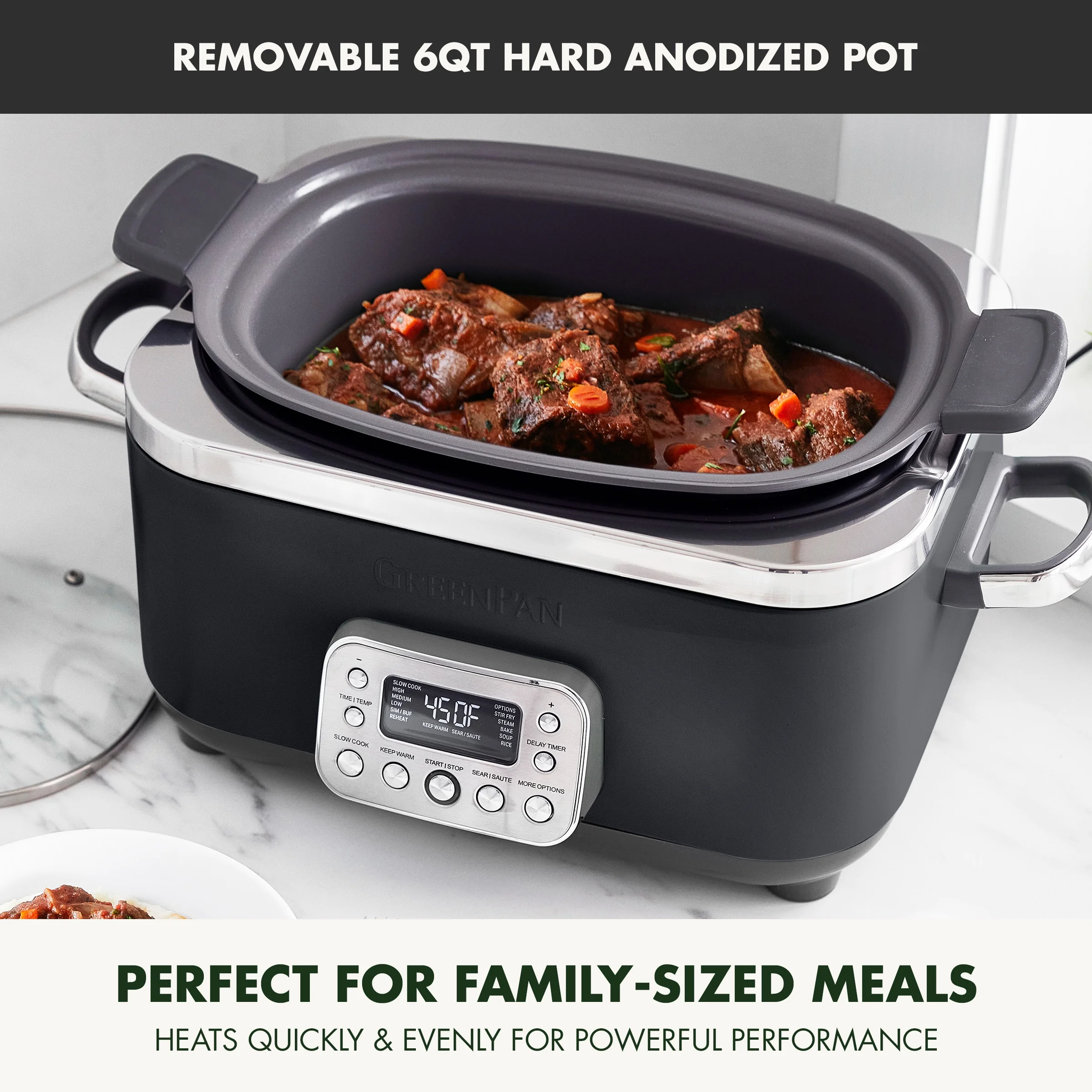 GreenPan 6-Quart, 14-in-1 Slow Cooker, Family Size, Ceramic Nonstick, Dishwasher Safe Parts, Black