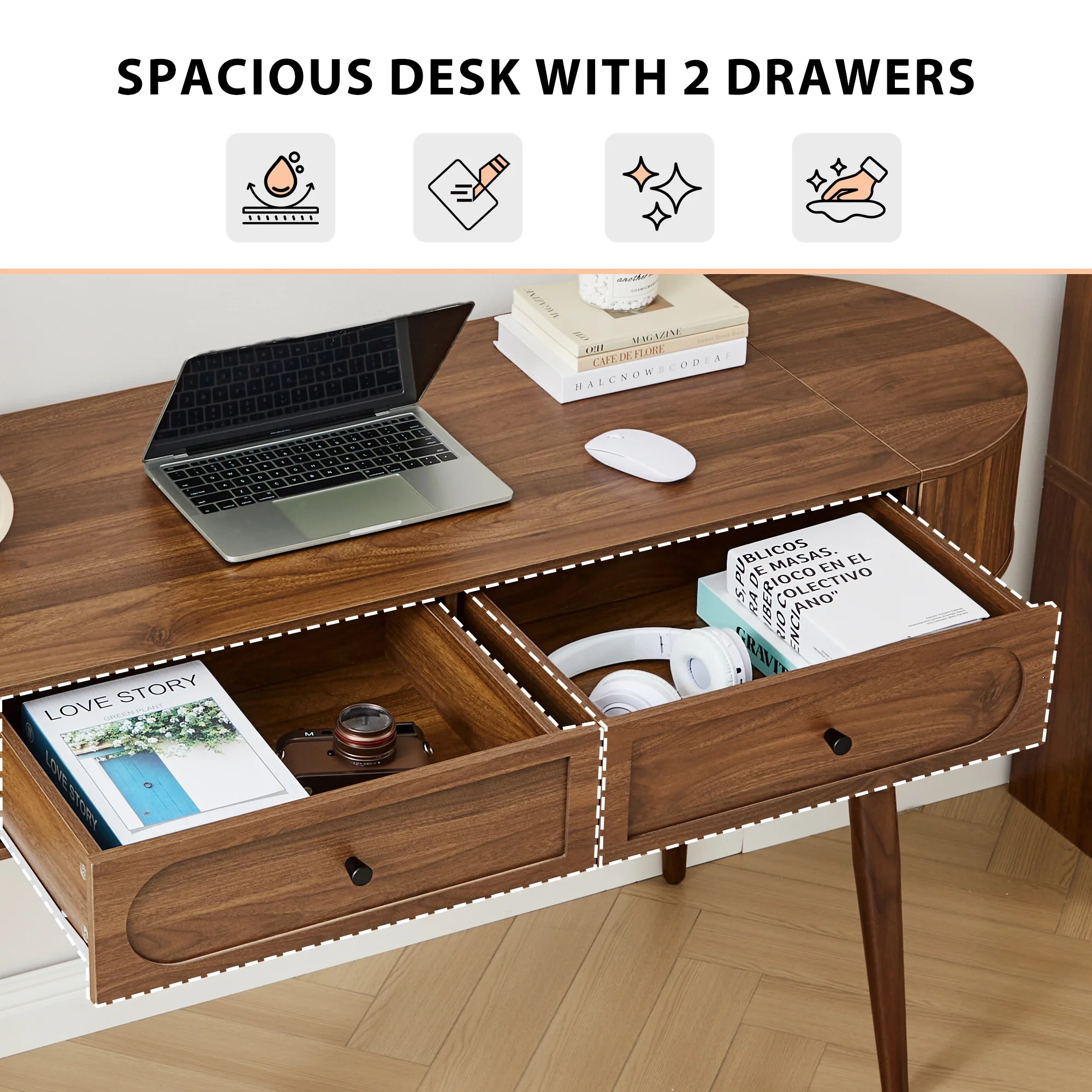 YOCWO Modern Home Office Desk with  2 Drawers and 2 Fflip-top Storage, Oval Computer PC Desk Table, Vanity Desk with Fluted Curved Table Edge, Walnut