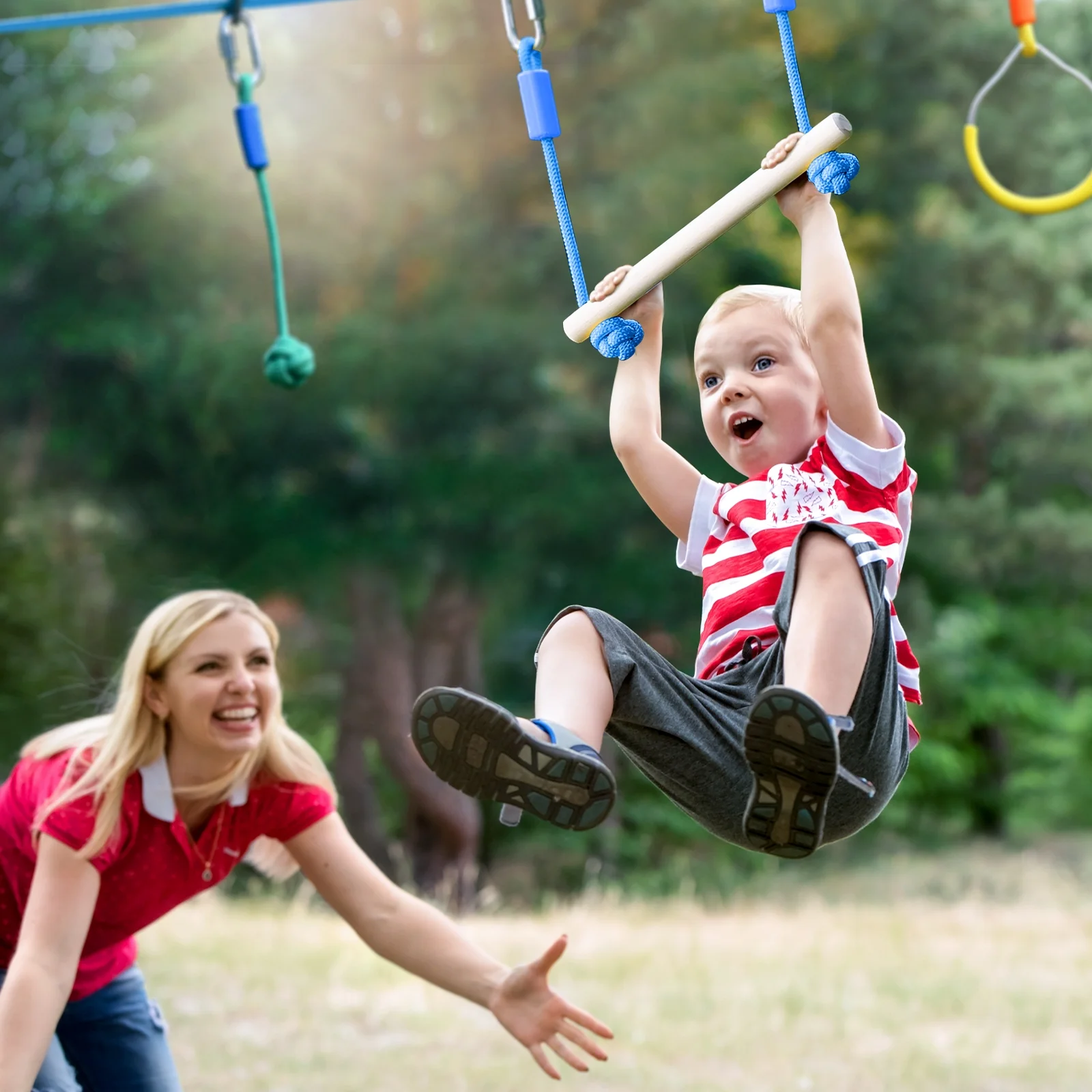 KloKick 50ft Ninja Warrior Obstacle Course with Slackline Monkey Bars and Saucer Swing